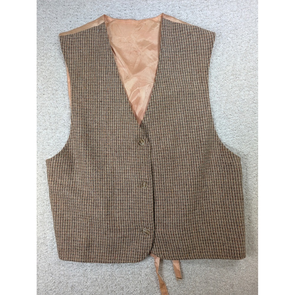 Russ Togg Vintage 1970s Womens Vest Micro Check Tweed Peach Brown Cinch Back S/M